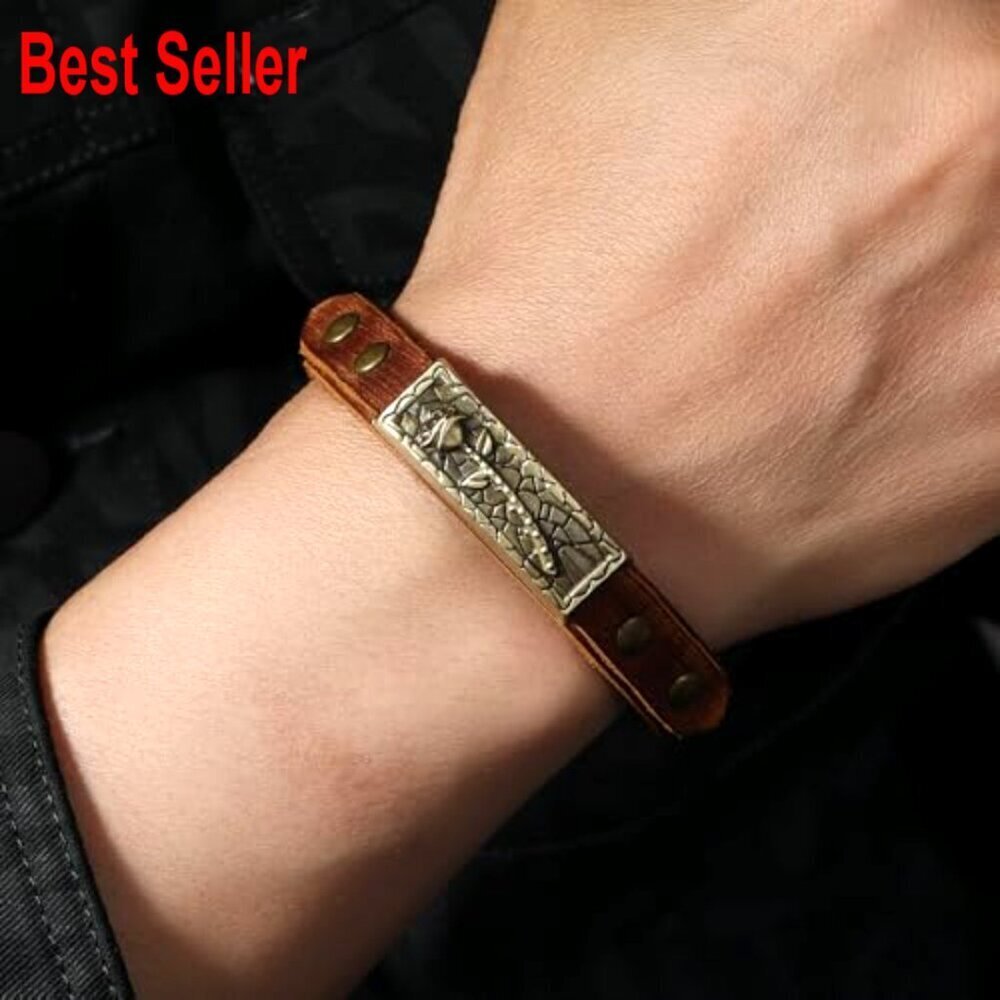 Vintage Leather Bracelet with Metal Buckle Clasp Adjustable Unisex - Picture 2 of 5